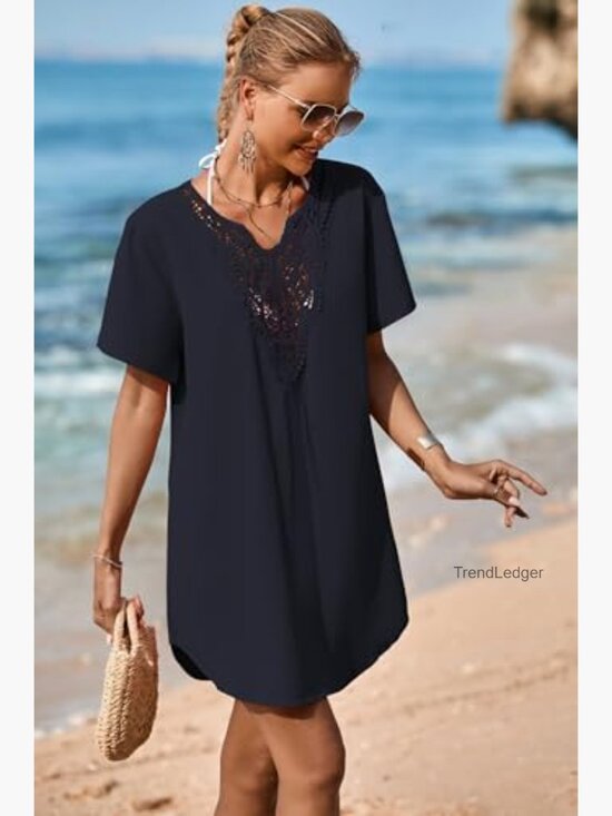 Lace Crochet V-Neck Cover Up Dress, Rayon, Loose Fit, Beach Swimsuit Cover - Picture 3 of 7